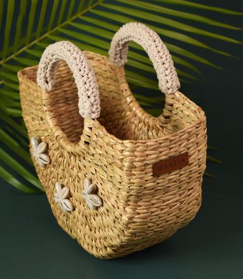 Shell Shaped Small Kauna Reed Bag with Ivory Handles and Cowrie Shells