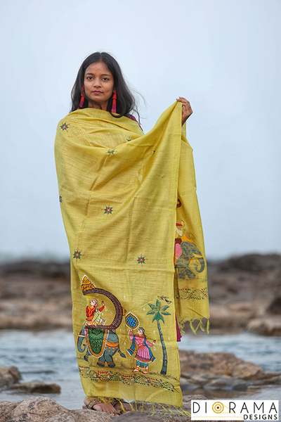 Diorama Designs Royal Yellow Munga Silk Pattachitra Dupatta main image 0