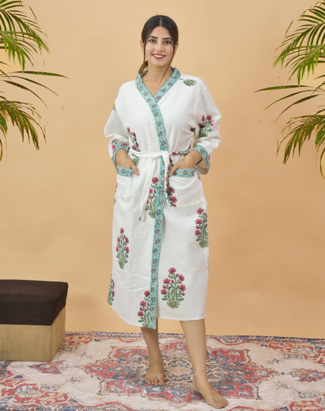 Nishire Pink Flower Hand Block Print Luxury Cotton Robe