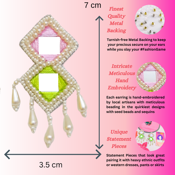 Tipsy Closet Pink Green Earring Fabric Mirror Beads Earrings Women