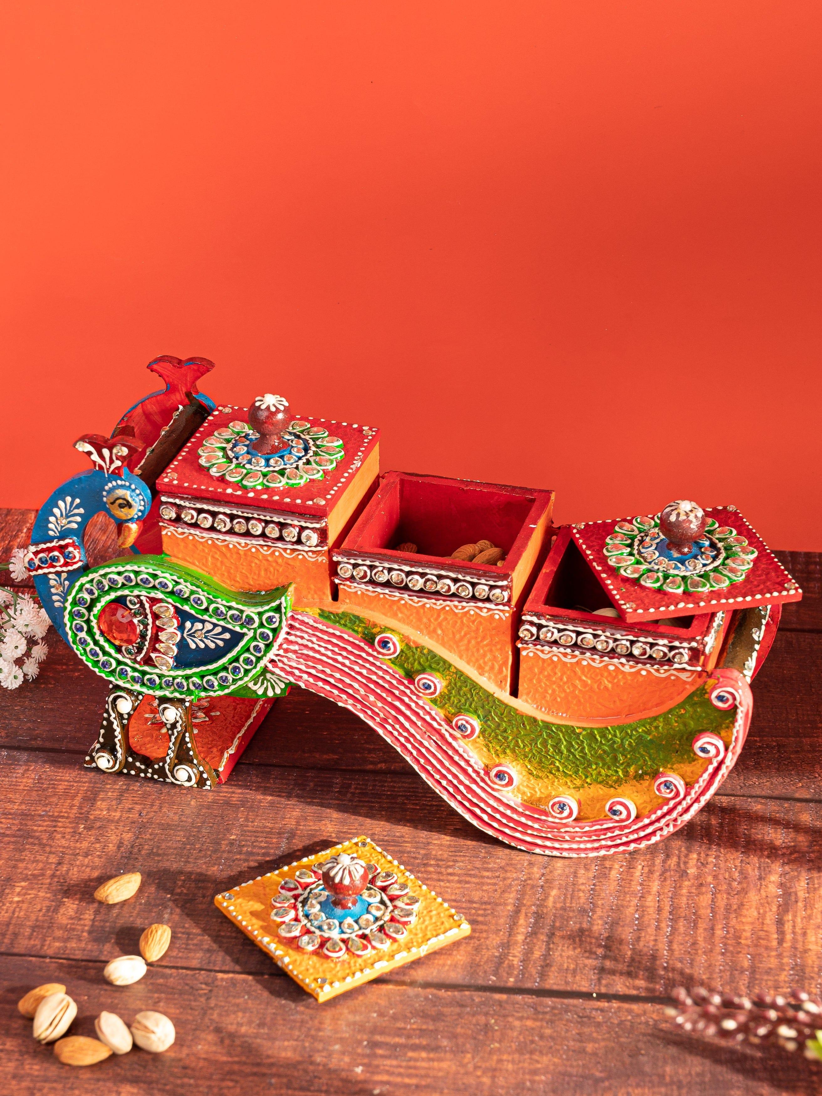 Meenakari Art Peacock Design Holder with 3 Containers for Storing
