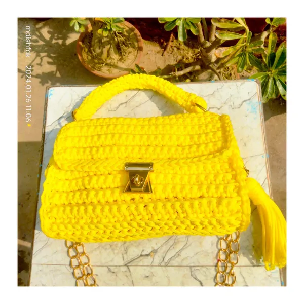 Crochet Handbag Handmade Lemonish Yellow Colour