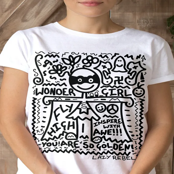 Unisex Streetwear style WONDER GIRL Doodle Art Printed White