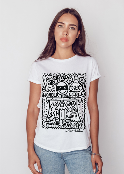 Unisex Streetwear style WONDER GIRL Doodle Art Printed White