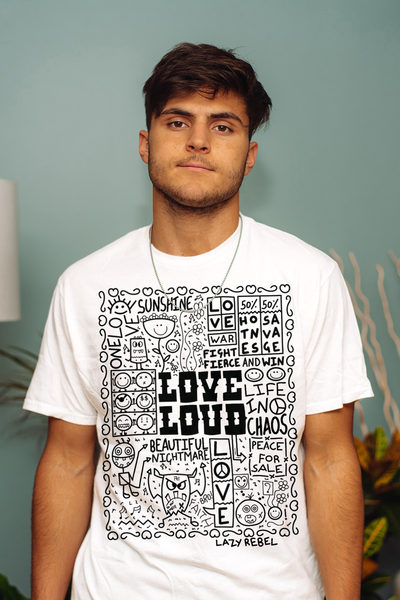 Unisex Streetwear style LOVE LOUD Doodle Art Printed White T