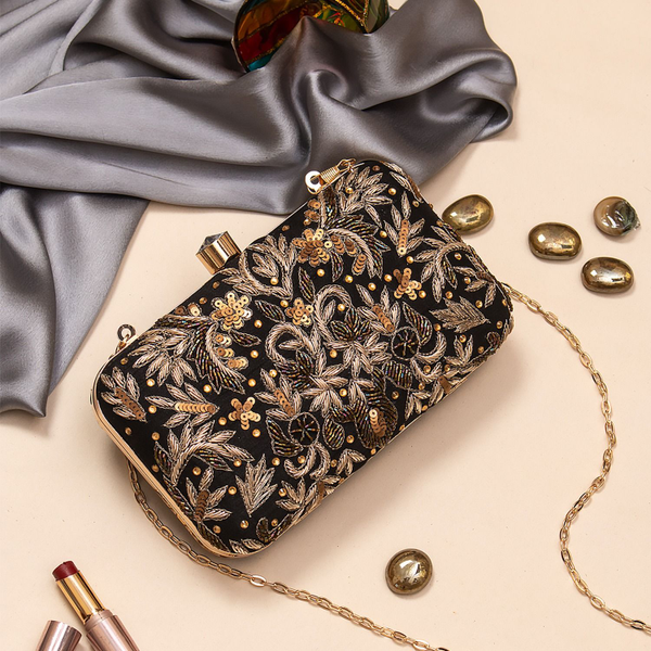 Women's Partywear Black Embroidery Clutch Bag