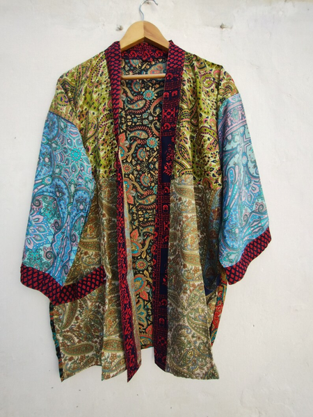 Silk Kimono Robe vintage patchwork style short kimono robe