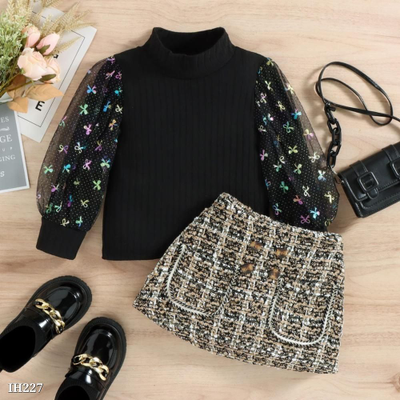 Girl Floral Embroidered Skirt Top Set - Black main image 1