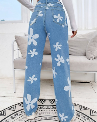 Flower Print Handpainted Denim Jeans for women