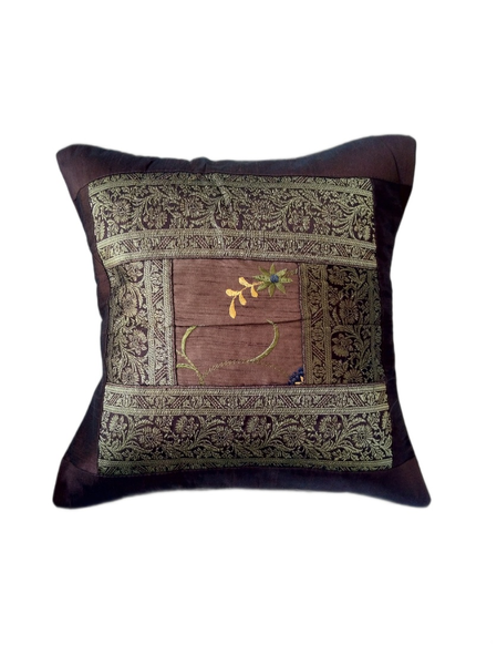 Brown Silk Embroidery Bordered Pillow Cases Size 16 ⨉ 16, Sofa