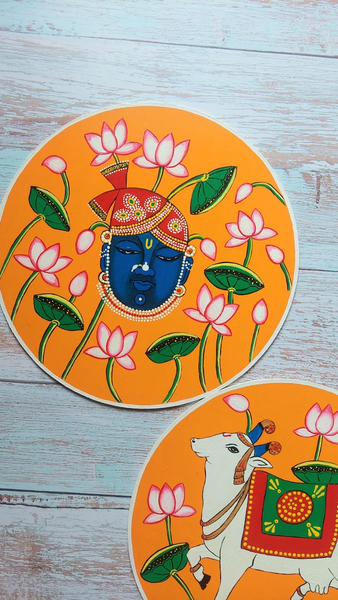 Krishna Cow Handpainted Pichwai Painting Wall Plate Set of