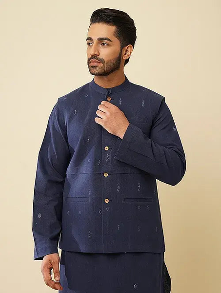 Wrinkle Free Rajwada Kurta Pajama Blue Khadi Cotton Kurta With