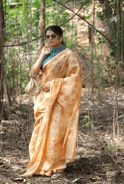 Yellow Block Print Chanderi Saree