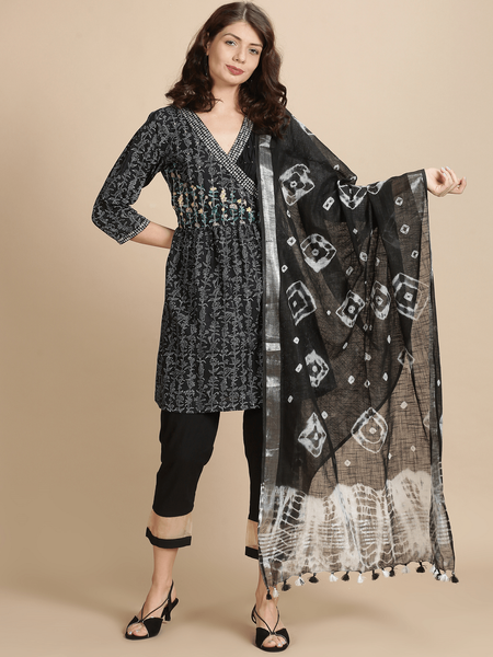Black - Sanganeri Block Printed Cotton Kurta with Palazzo & Dupatta Set 16