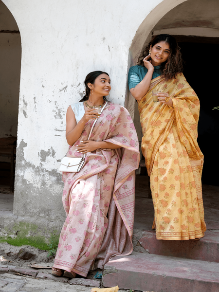 Yellow Block Print Chanderi Saree