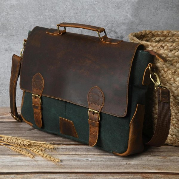 Canvas Buffalo Leather Messenger Bag, Laptop Bag, Shoulder Bag